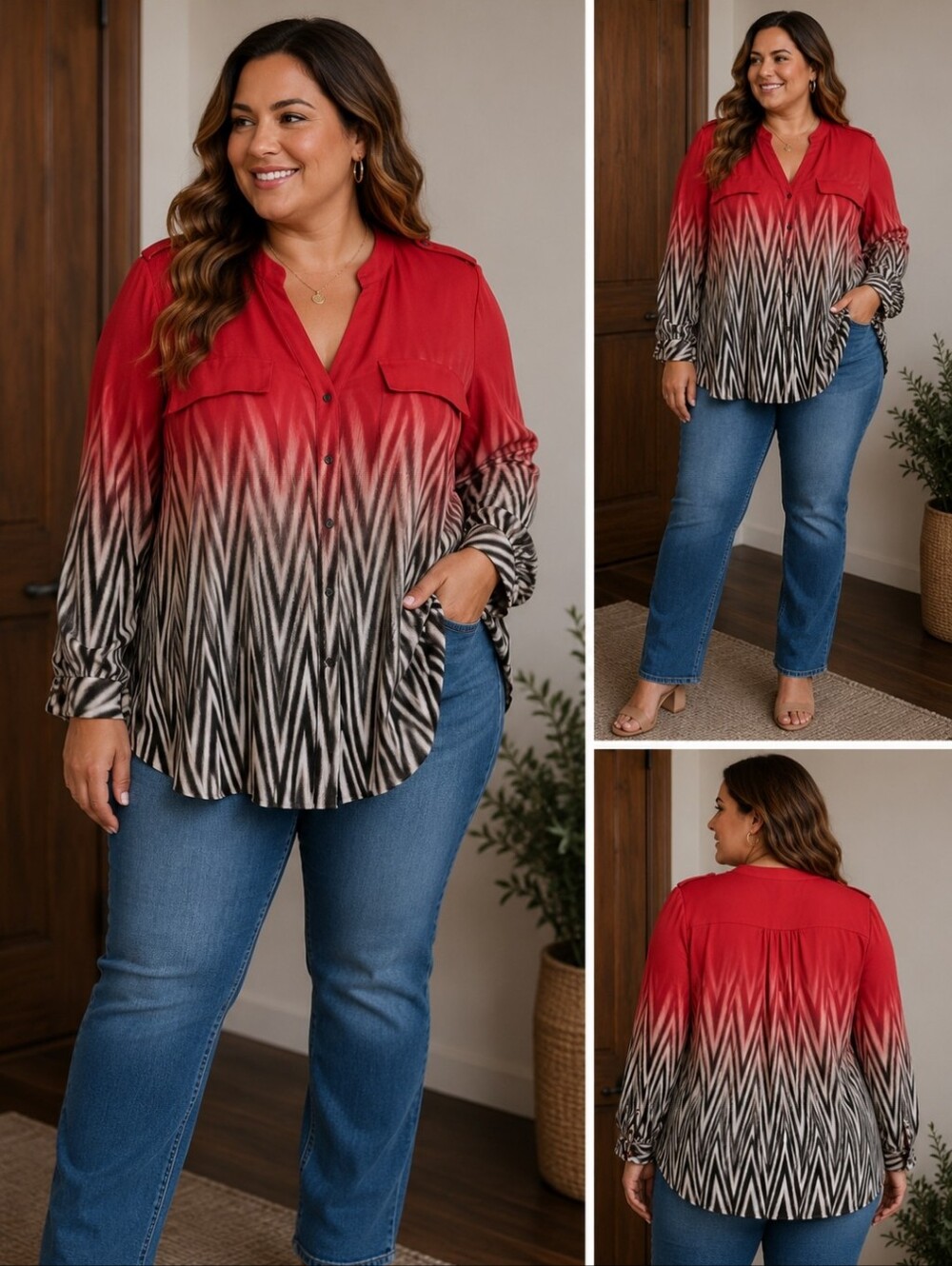 Calvin Klein  Red Ombre Chevron Button-Front Blouse